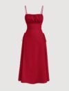 Wine Red Satin Spaghetti Strap Midi Dress with Side Tie Detail