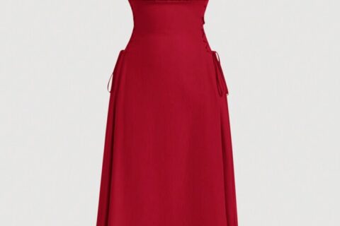 Wine Red Satin Spaghetti Strap Midi Dress with Side Tie Detail