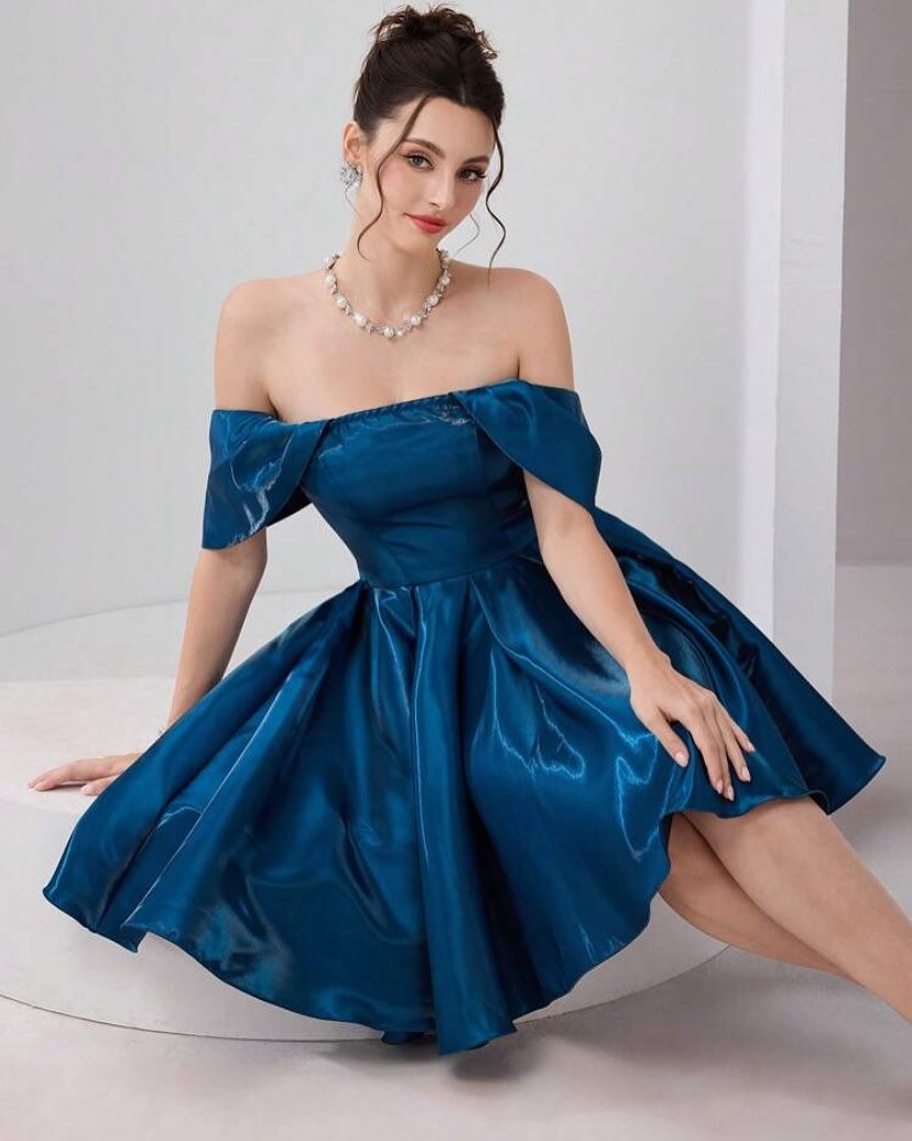 Elegant Off-Shoulder Satin Cocktail Dress in Radiant Teal Blue - Image 3