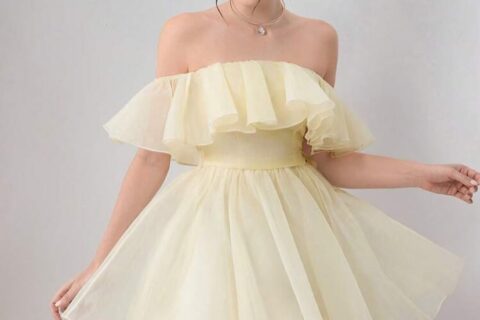 Pastel Yellow Off Shoulder Fit & Flare Dress for Women | Ruffle Chiffon Party Mini Dress
