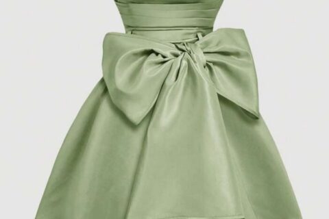 Sage Green Satin Strapless Fit & Flare Dress for Women | Bow Back Party Dress