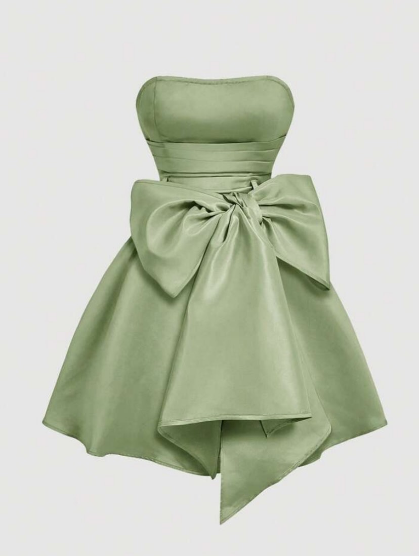Sage Green Satin Strapless Fit & Flare Dress for Women | Bow Back Party Dress