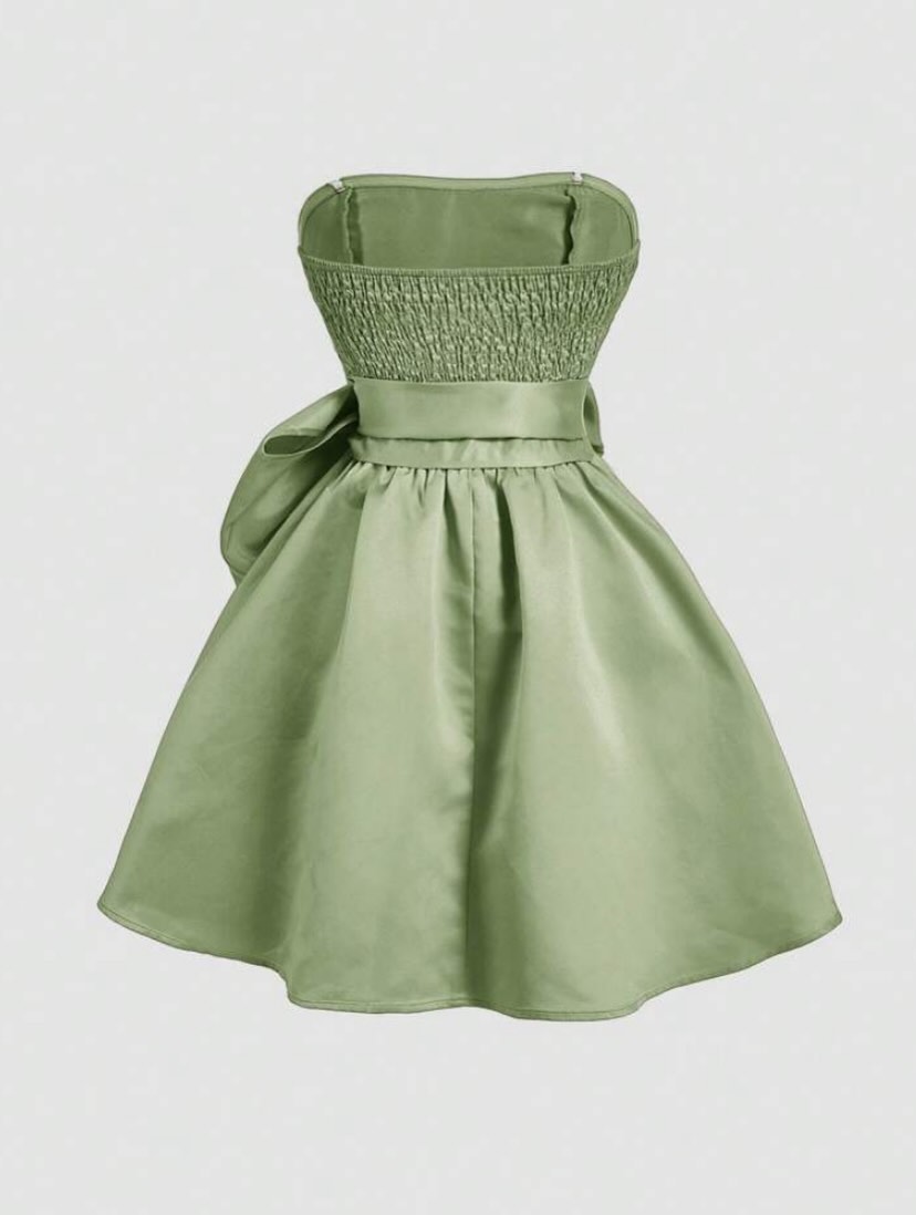 Sage Green Satin Strapless Fit & Flare Dress for Women | Bow Back Party Dress - Image 2