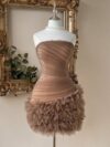 Nude Brown Soft Tulle Net Strapless Ruched Bodycon Dress for Women | Ruffle Hem Party Dress