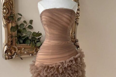 Nude Brown Soft Tulle Net Strapless Ruched Bodycon Dress for Women | Ruffle Hem Party Dress