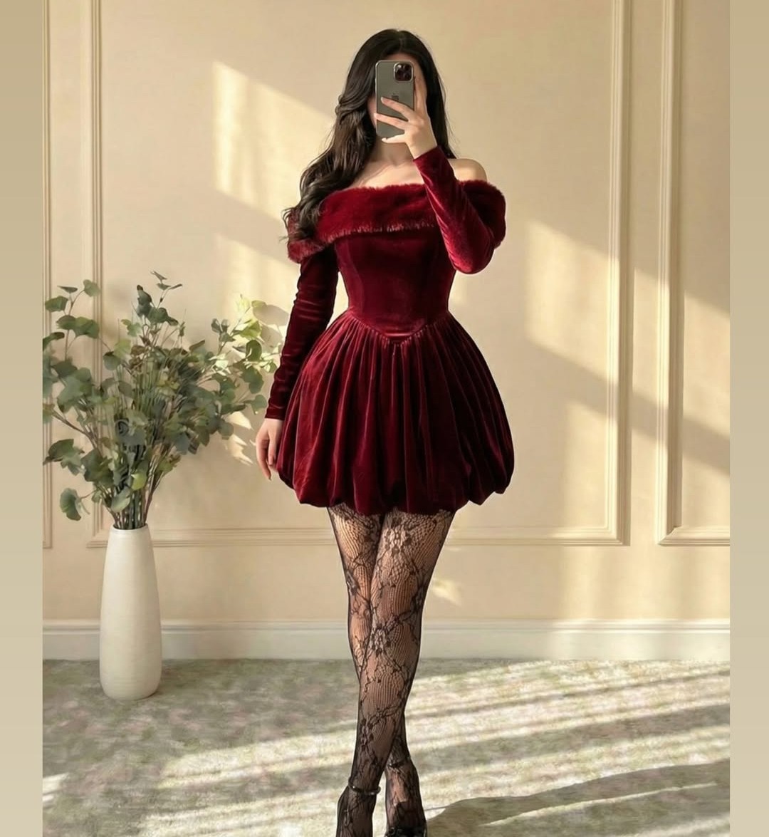 Maroon Midnight Merlot Off-Shoulder Velvet Mini Dress with Faux Fur Trim