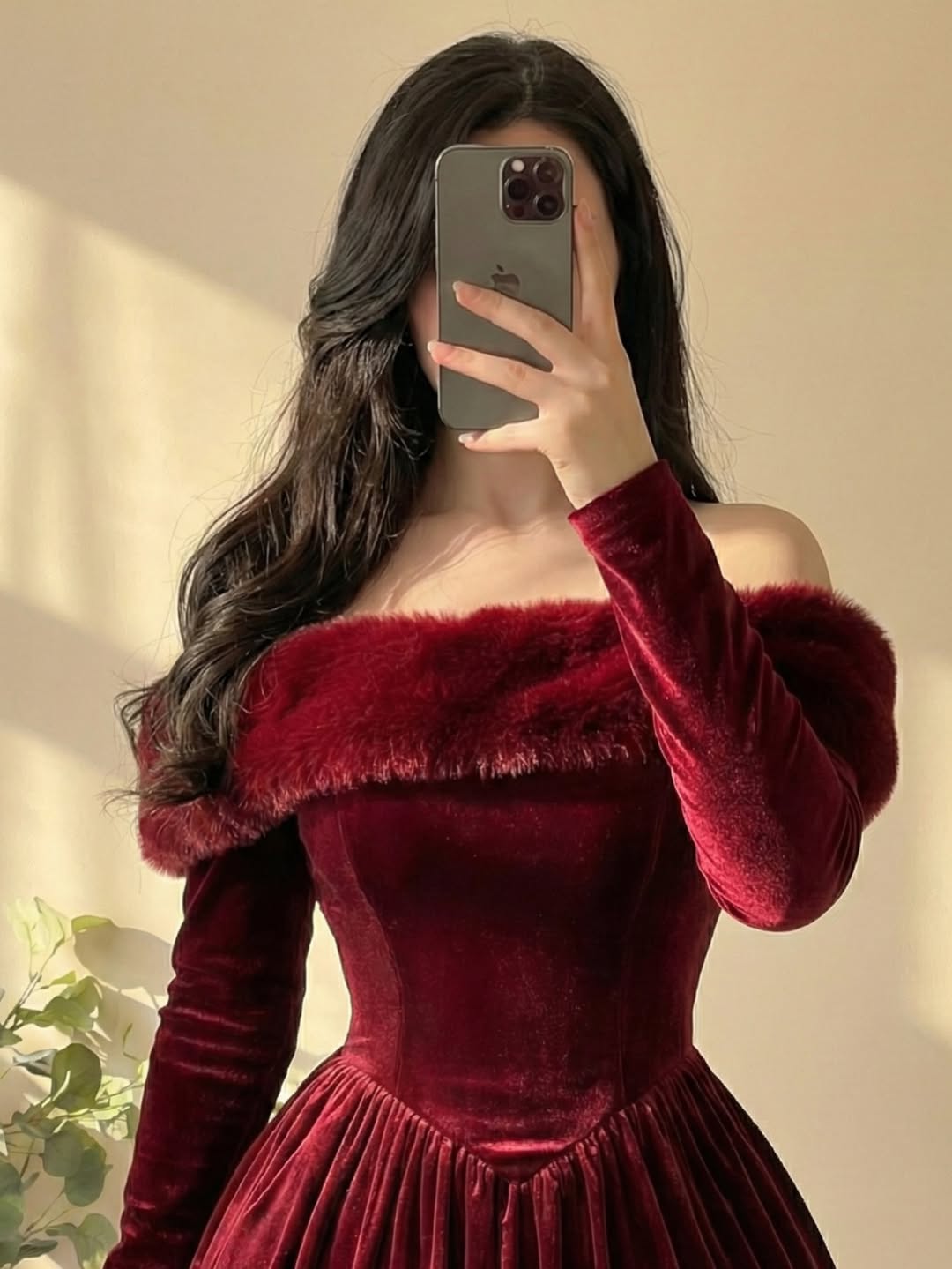 Maroon Midnight Merlot Off-Shoulder Velvet Mini Dress with Faux Fur Trim - Image 2