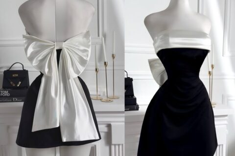 Black & White Satin Crepe Strapless Mini Dress for Women | Statement Bow Party Dress