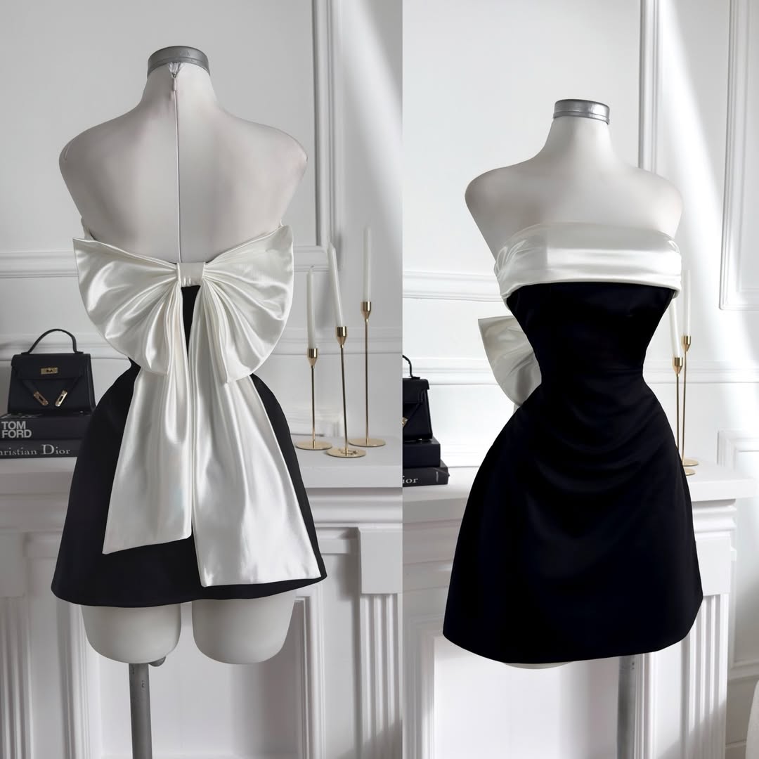 Black & White Satin Crepe Strapless Mini Dress for Women | Statement Bow Party Dress