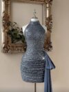 Steel Blue Sequin & Satin Bodycon Party Dress for Women | Draped Side Detail Evening Dress