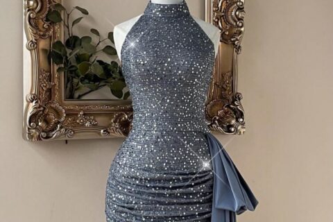 Steel Blue Sequin & Satin Bodycon Party Dress for Women | Draped Side Detail Evening Dress