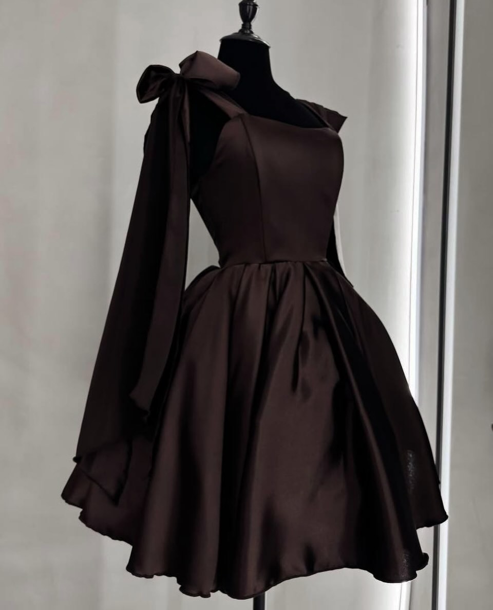 Chocolate Brown One-Shoulder Fit & Flare Mini Dress with Bow – Premium Satin Fabric - Image 2