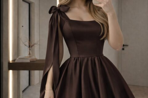 Chocolate Brown One-Shoulder Fit & Flare Mini Dress with Bow – Premium Satin Fabric