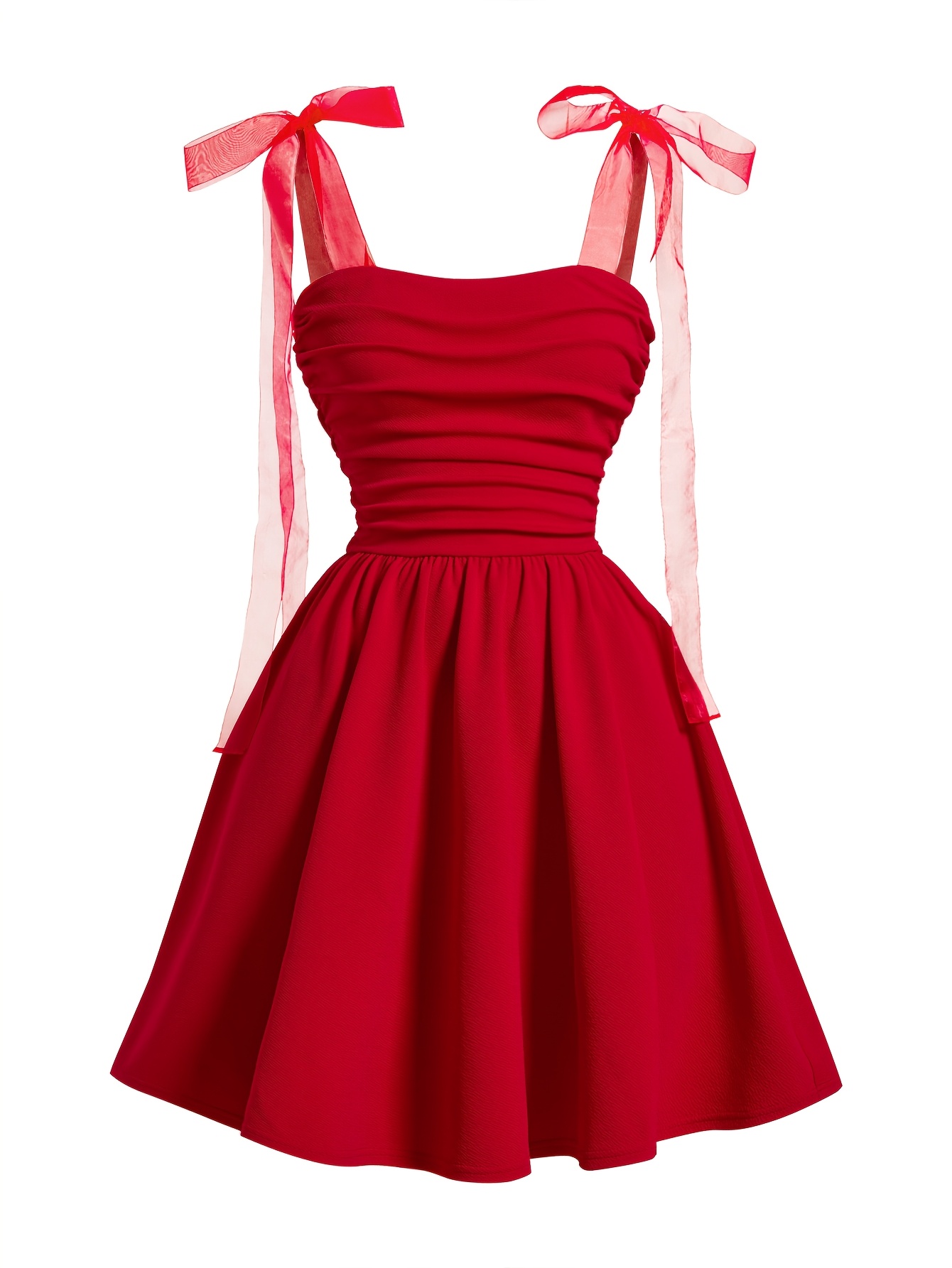 Red Tie-Up Shoulder Ruched Fit & Flare Mini Dress
