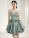 Luxury Satin Polyester Bubble Hem Mini Dress with Bow Details – Sage Green  Short Description