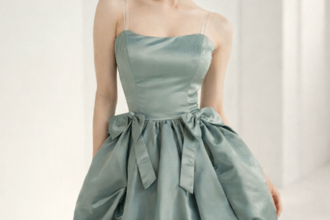 Luxury Satin Polyester Bubble Hem Mini Dress with Bow Details – Sage Green  Short Description