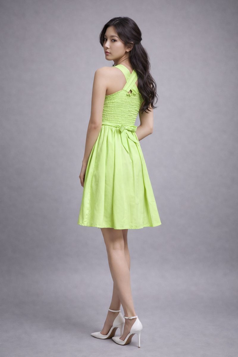 Lime Green Satin Halter Neck Fit & Flare Dress - Image 2