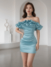 Premium Satin Off-Shoulder Ruffle Bodycon Mini Dress – Sky Blue