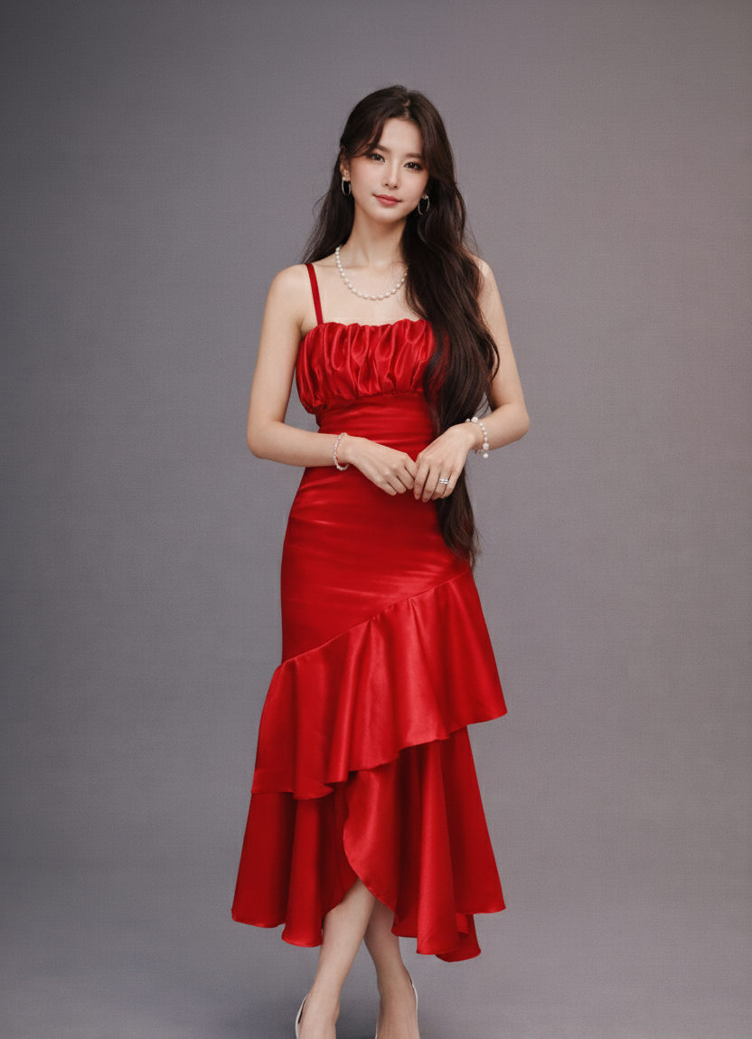 Red Satin Ruffle Hem Bodycon Dress | Elegant Evening Wear