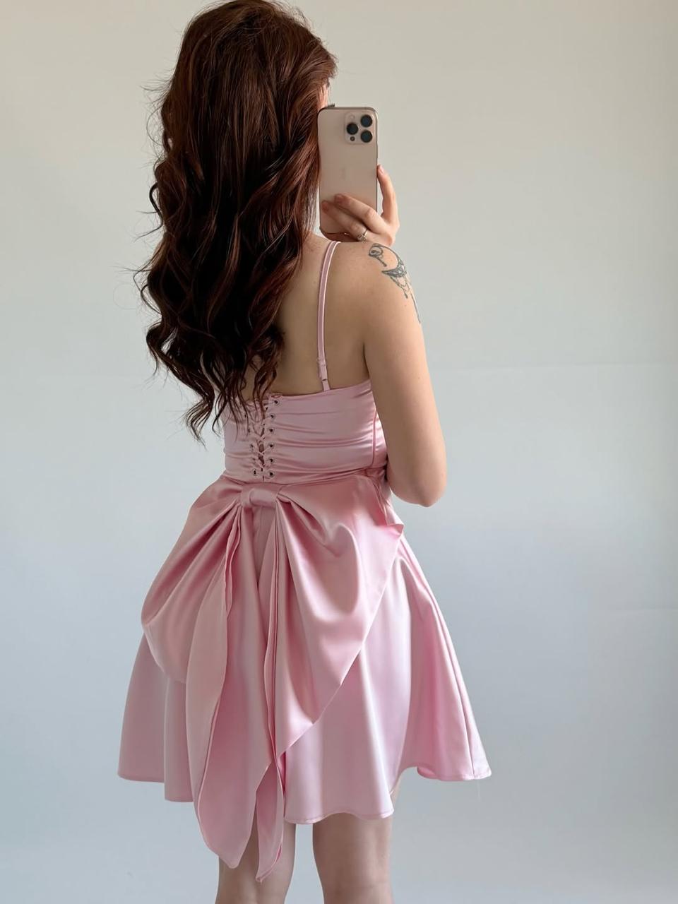 Blush Pink Satin Fit & Flare Dress for Women | Spaghetti Strap Party Dress - Image 2