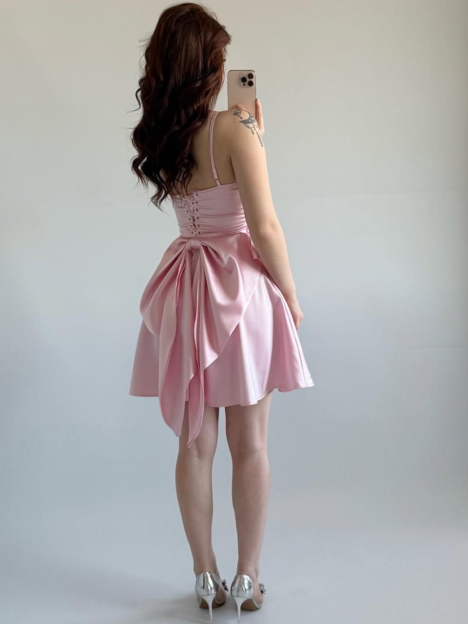 Blush Pink Satin Fit & Flare Dress for Women | Spaghetti Strap Party Dress - Image 4
