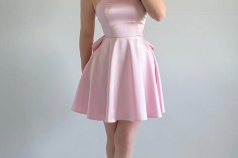 Blush Pink Satin Fit & Flare Dress for Women | Spaghetti Strap Party Dress