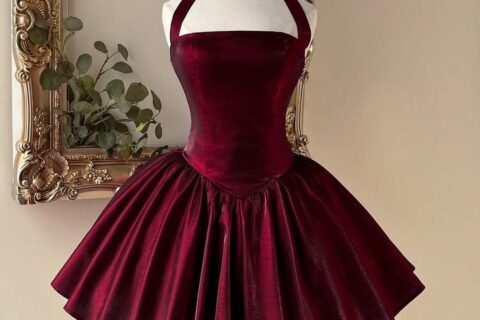 Wine Satin Corset Fit & Flare Dress for Women | Halter Neck Party Wear Dress