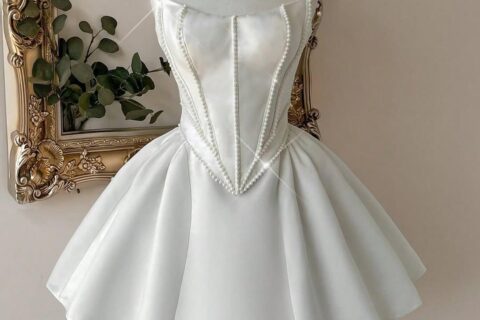 Elegant White Satin Organza Pearl Corset Fit & Flare Dress for Women | Sleeveless Party Dress