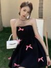 Polyester Strapless Black Mini Dress with Pink Bow Details
