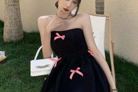 Polyester Strapless Black Mini Dress with Pink Bow Details