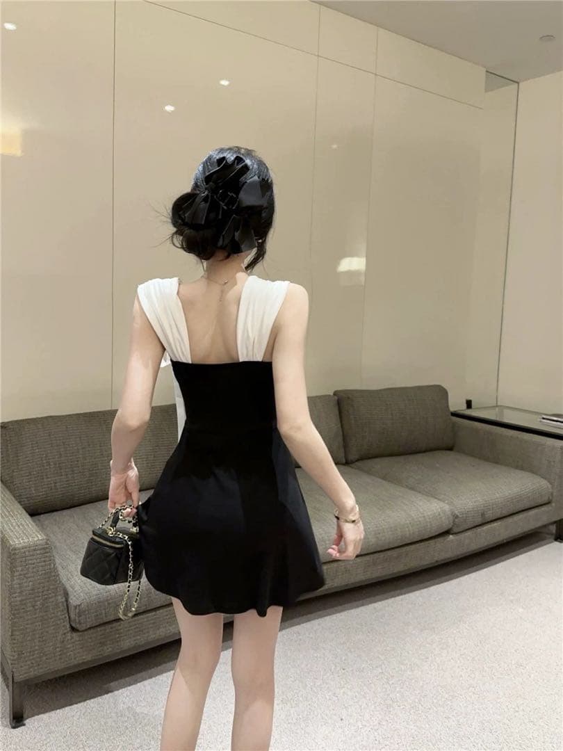 Black & Ivory Satin Bow Detail Fit & Flare Mini Dress - Image 3