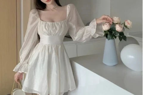 Ivory Chiffon Puff Sleeve Mini Dress with Smocked Waist