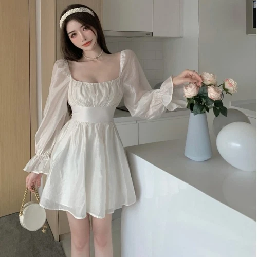 Ivory Chiffon Puff Sleeve Mini Dress with Smocked Waist