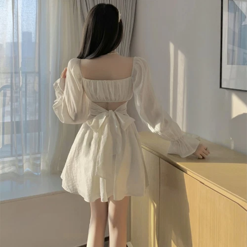Ivory Chiffon Puff Sleeve Mini Dress with Smocked Waist - Image 2