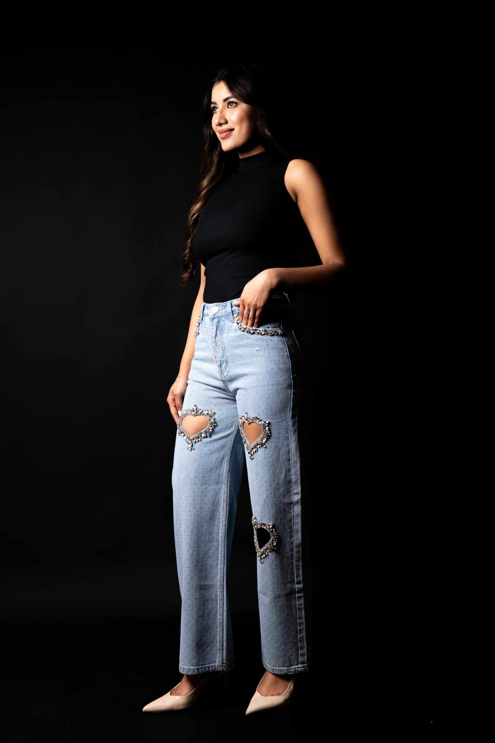 Cupid’s Charm - Rhinestone Embellished Cut Out Jeans - IceBlue - Image 5