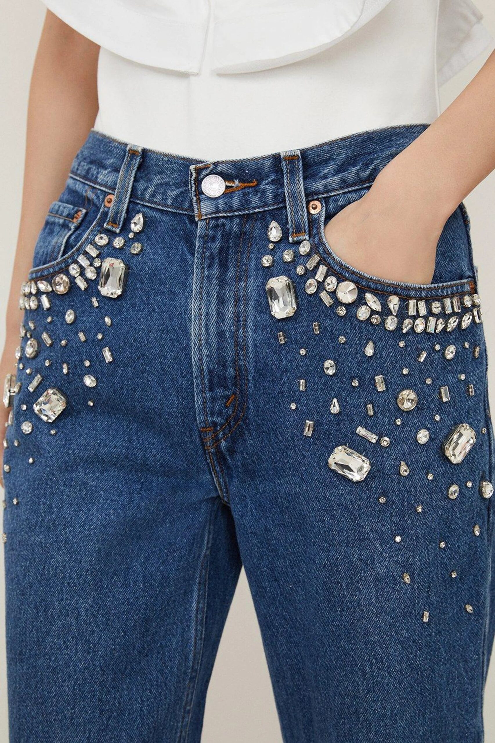 Tanya - Rhinestone Embellished Wide Leg Jeans - Dark Blue - Image 3