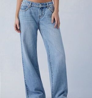 Rhinestone Belt Wide Leg Jeans - Ice Blue
