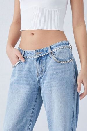 Rhinestone Belt Wide Leg Jeans - Ice Blue - Image 3