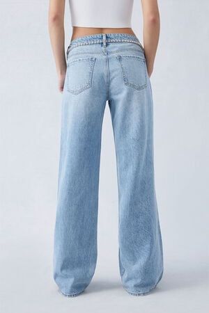 Rhinestone Belt Wide Leg Jeans - Ice Blue - Image 5