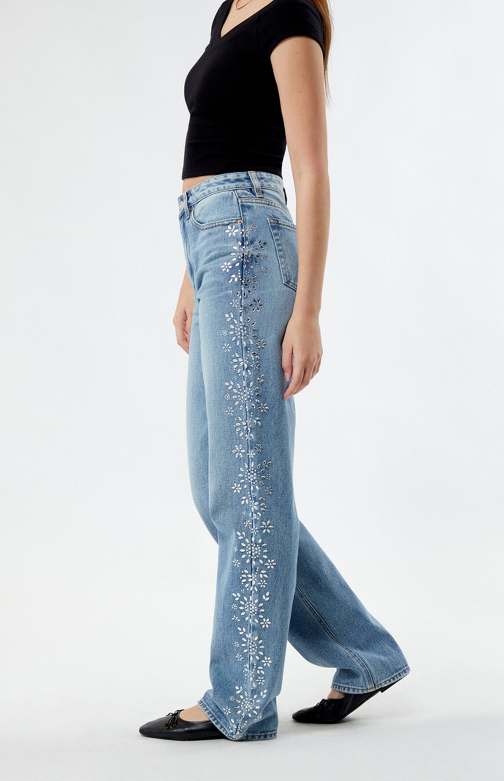 Wildflower Rhinestone Embellished Wide Leg Jeans