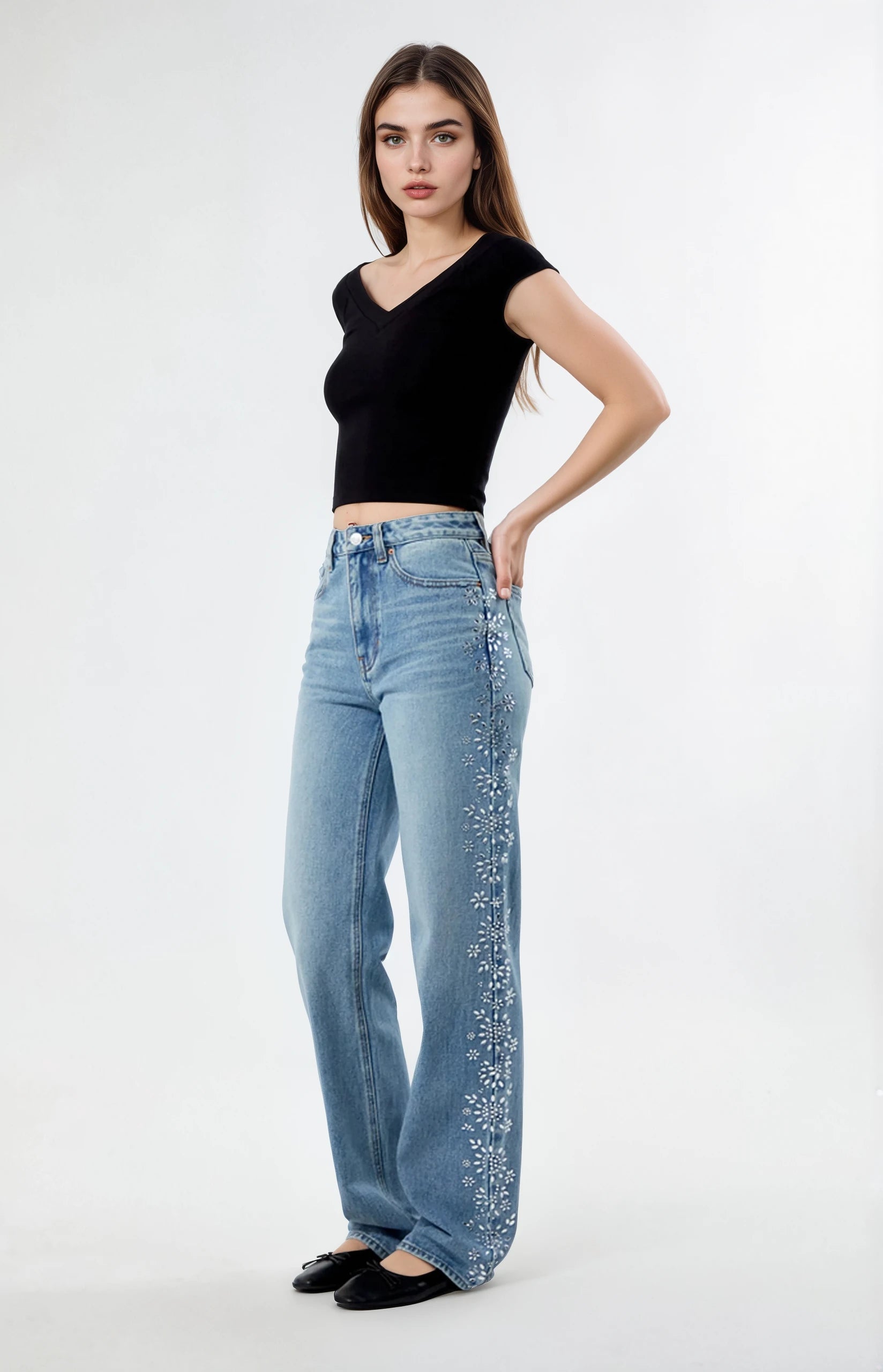 Wildflower Rhinestone Embellished Wide Leg Jeans - Image 2