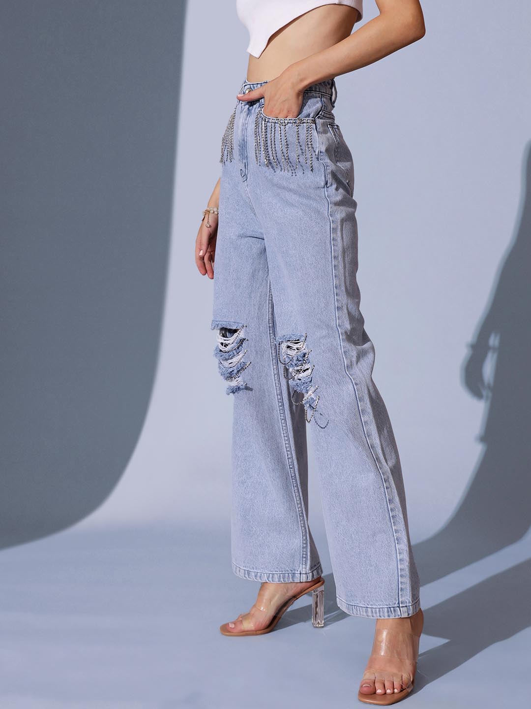 Sparkle Drip - Distressed Rhinestone Embellished Wide Leg Jeans - Ice Blue - Image 3