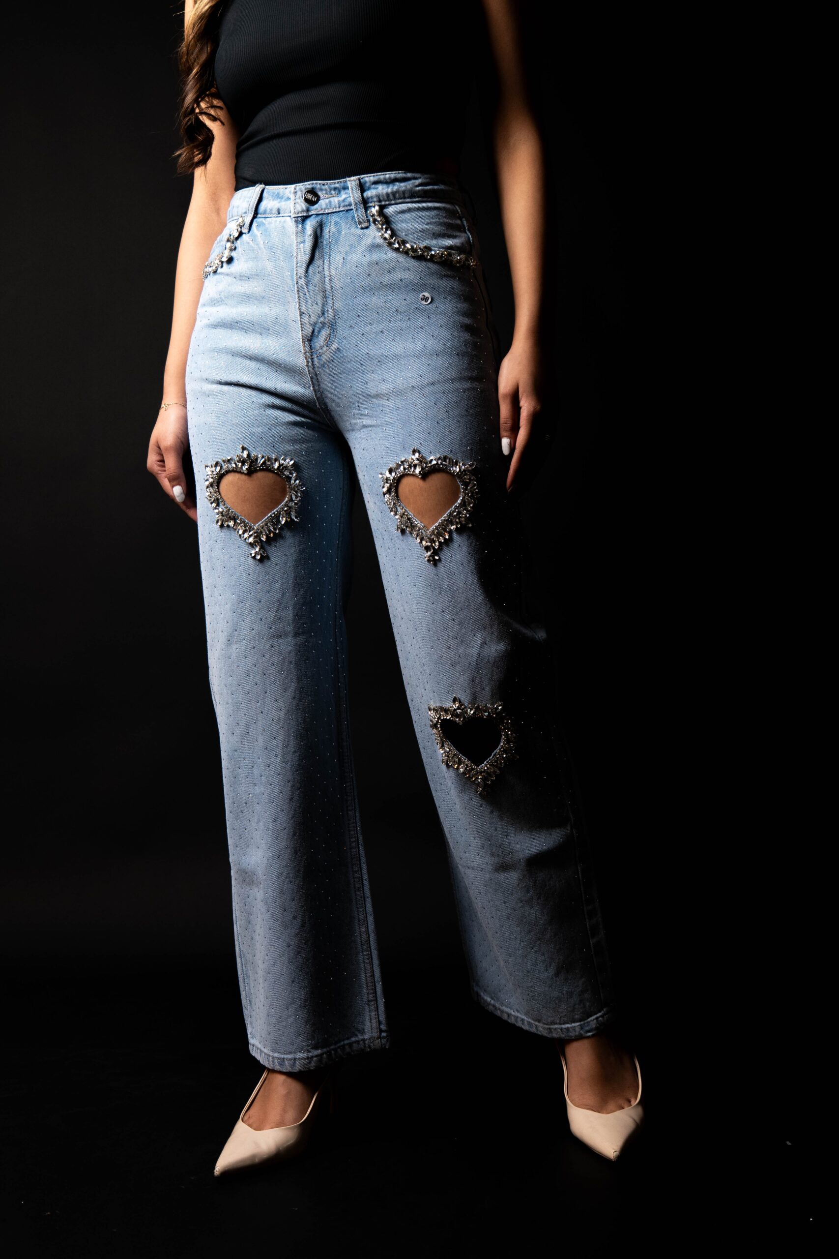 Cupid’s Charm - Rhinestone Embellished Cut Out Jeans - IceBlue - Image 2