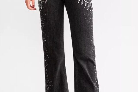 Habibi - High Rise Rhinestone Embellished Wide Leg Flared Jeans - Black