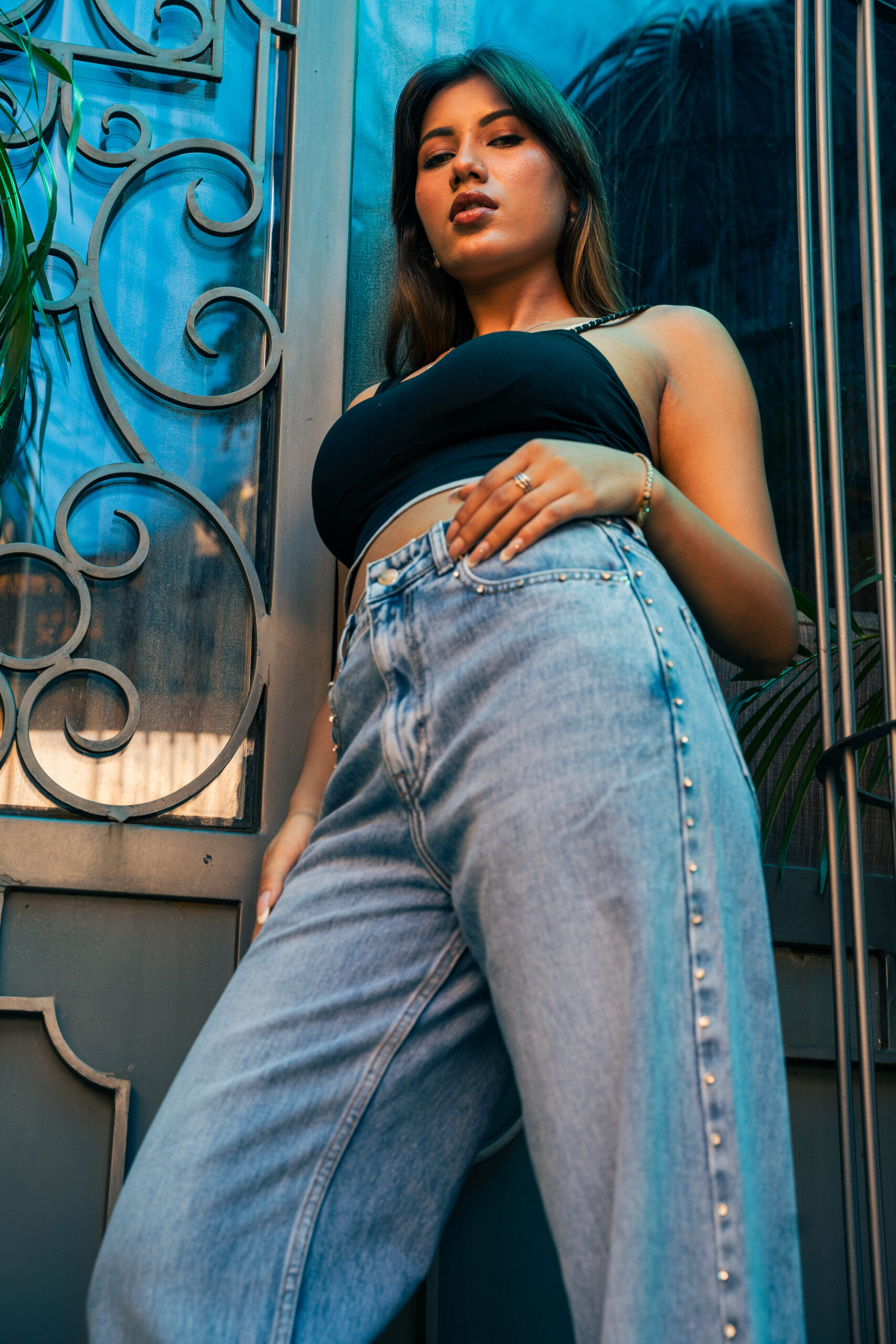 Samantha - Rhinestone Embellished Wide Leg Jeans - Ice Blue - Image 9