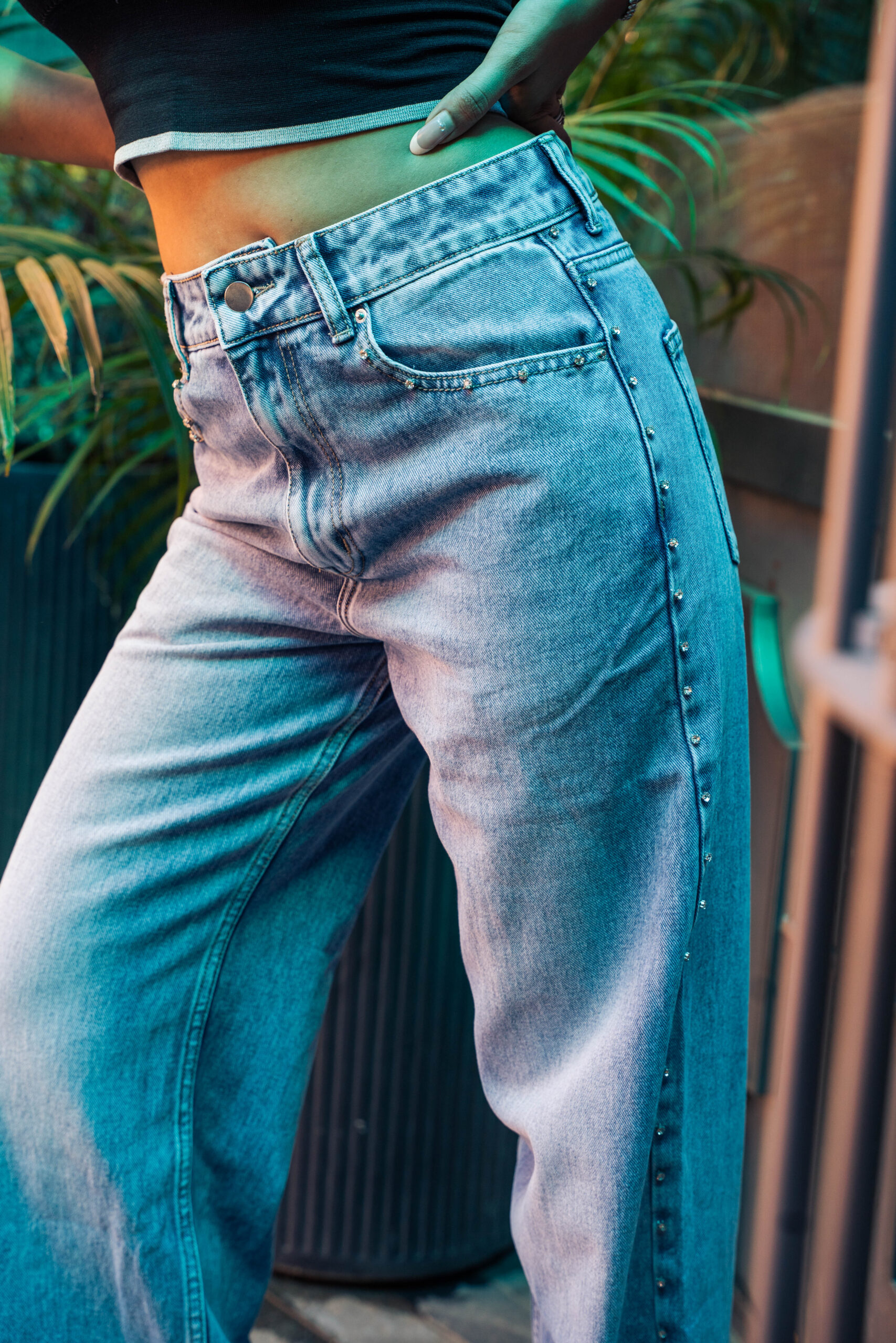 Samantha - Rhinestone Embellished Wide Leg Jeans - Ice Blue - Image 7