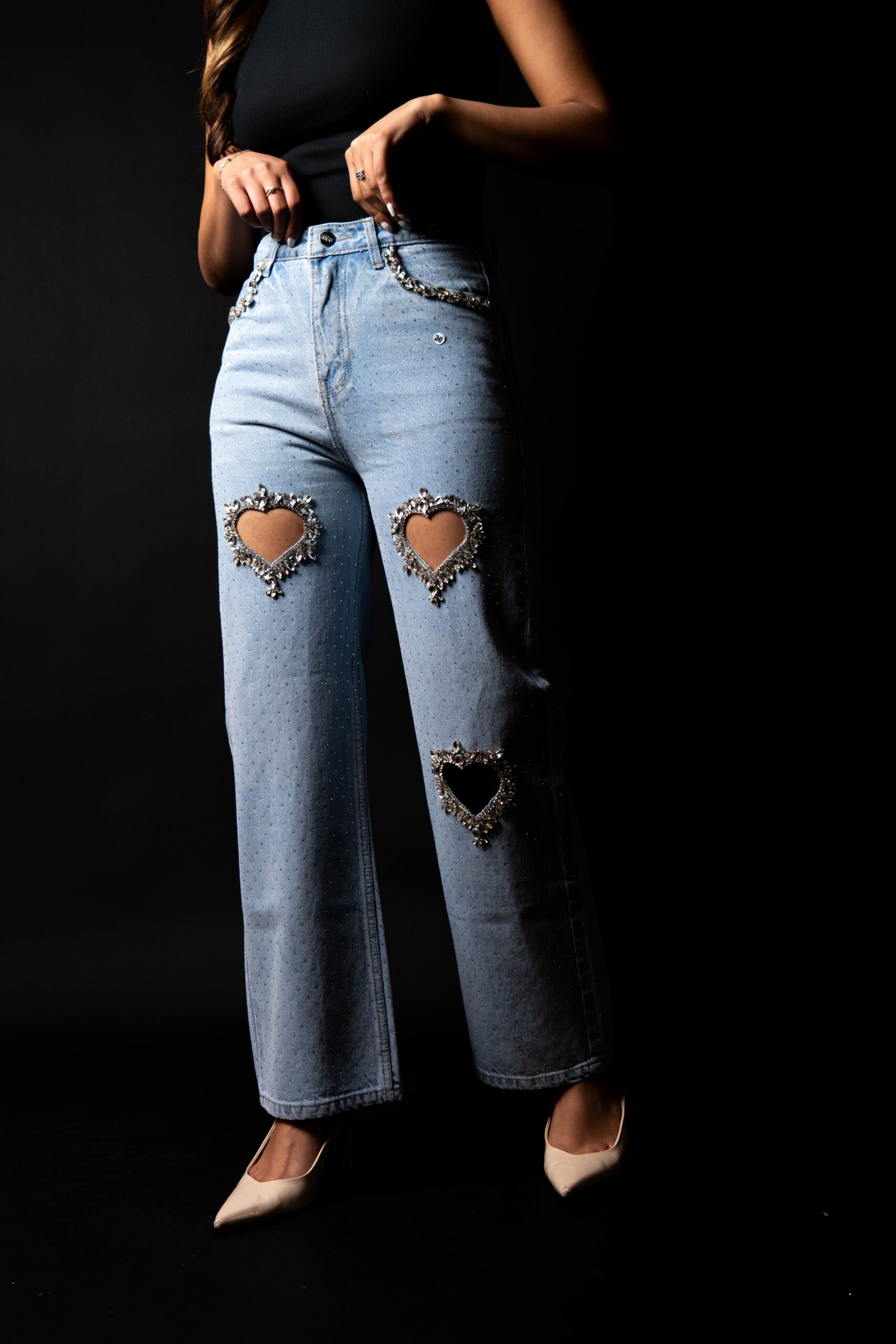 Cupid’s Charm - Rhinestone Embellished Cut Out Jeans - IceBlue - Image 6