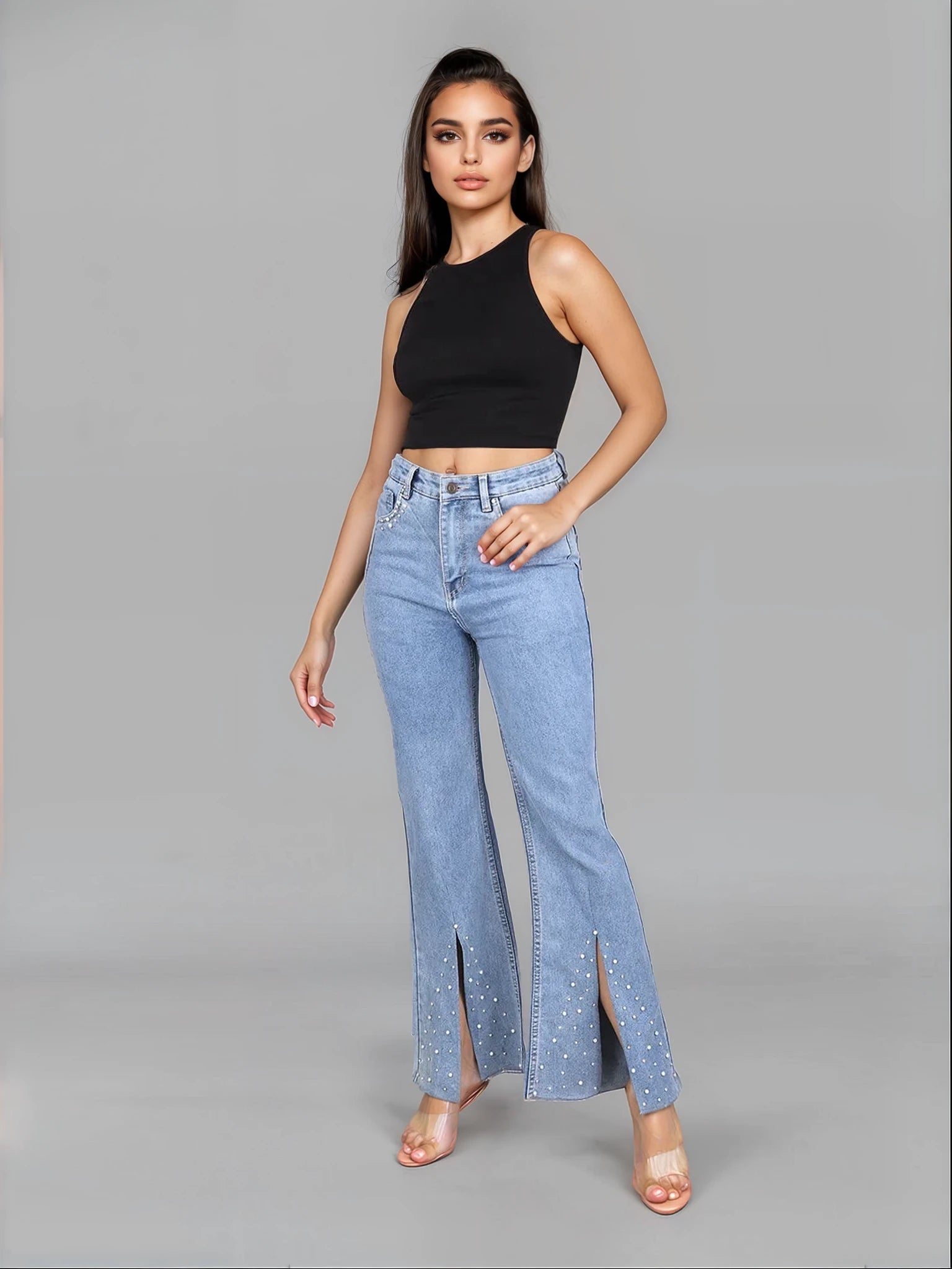 High Rise Embellished Boot Cut Flared Jeans - Iris Pearl - Image 3