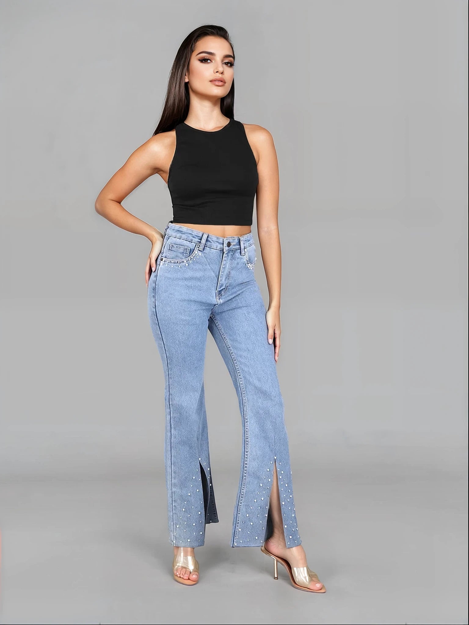 High Rise Embellished Boot Cut Flared Jeans - Iris Pearl - Image 6