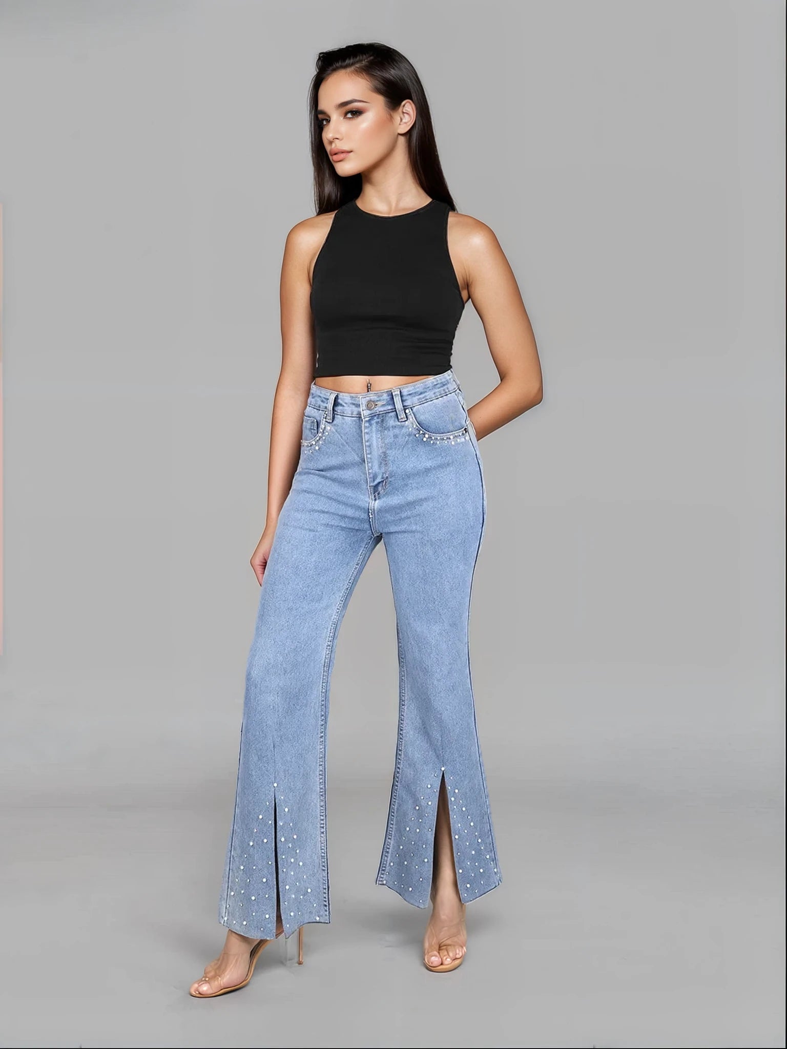 High Rise Embellished Boot Cut Flared Jeans - Iris Pearl - Image 5